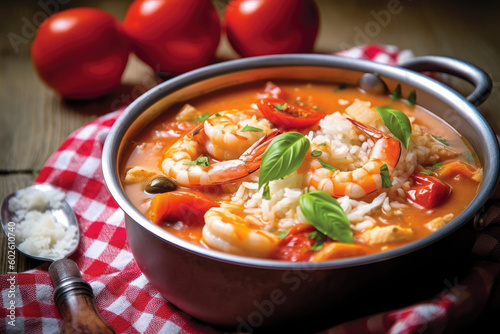 Exquisite Mariscada. Traditional Portuguese and Spanish seafood rice with shrimp, tomatoes, and aromatic herbs. Arroz de Marisco. Copy space. AI Generative