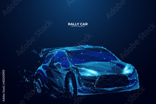 Abstract digital Rally sport car in motion. High speed concept. Auto sport vector illustration. Polygonal technology vector illustration on dark blue background. Auto rally poster