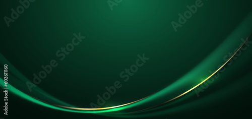 Abstract 3d gold curved green ribbon on dark green background with lighting effect and sparkle with copy space for text. Luxury design style.