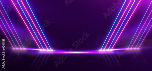 Abstract blue and pink neon diagonal glowing on dark purple background with sparkle.