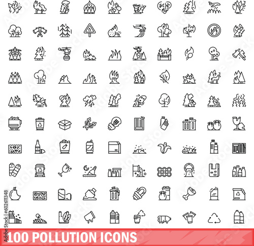 100 pollution icons set. Outline illustration of 100 pollution icons vector set isolated on white background