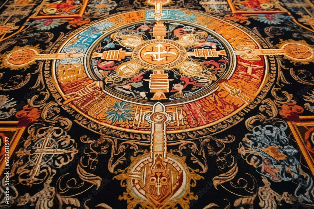 A stunning illustration of a traditional Corpus Christi carpet made of colored sawdust, showcasing intricate designs and religious symbols Generative AI