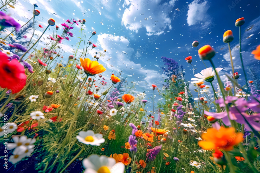 Sommerwiese mit Blumen, Himmel und Wolken Sommerwiese mit Blumen, Himmel und Wolken