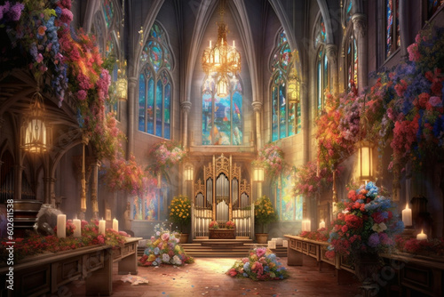 An enchanting illustration of a church adorned with flowers, candles, and decorations to celebrate Corpus Christi, emanating a sense of reverence and spirituality Generative AI © Denis Yevtekhov