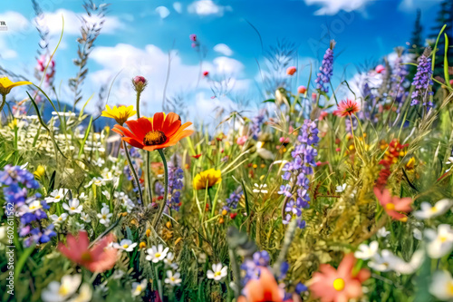 Sommerwiese mit Blumen, Himmel und Wolken © shokokoart