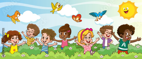 little kid play together with friend and feel happy vector