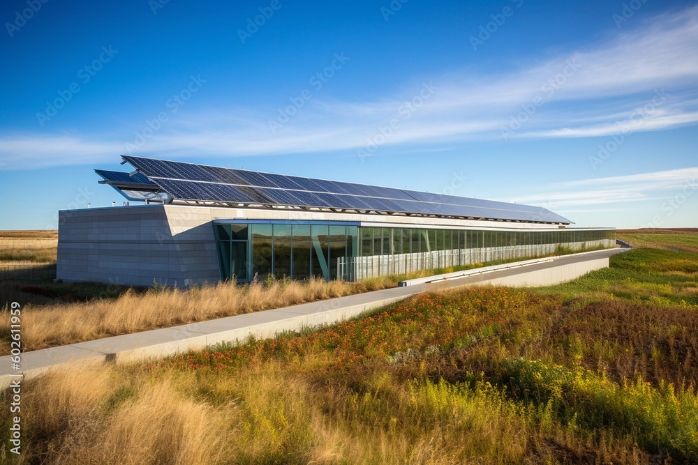 A state-of-the-art renewable energy research facility with solar panels integrated into the walls, wind turbines on the roof, and advanced battery systems being tested Generative AI