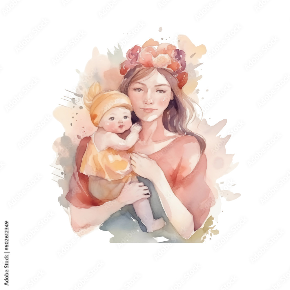 A Heartwarming Watercolor PaintingMother Holding Her Baby with Tender Affection and Love, transparent background , Created by Generative AI A Heartwarming Watercolor PaintingMother Holding Her Baby with Tender Affection and Love, transparent background , Created by Generative AI