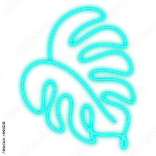 Monstera leaf - hand drawn blue neon lettering illustration.