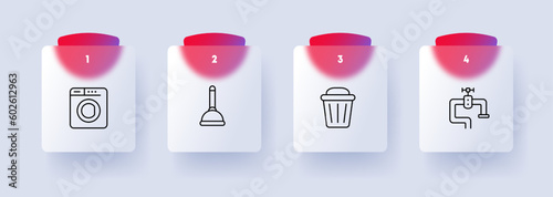 Plumbing icon set. Pipes, faucets, plumbing fixtures. Water supply. Glassmorphism style. Vector line icon for Business and Advertising