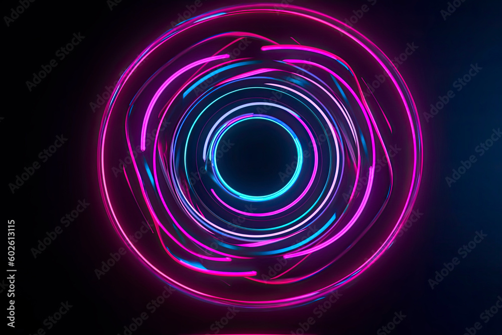 Naklejka premium Neon light room with round stage in the center, 3d rendering. Computer digital drawing