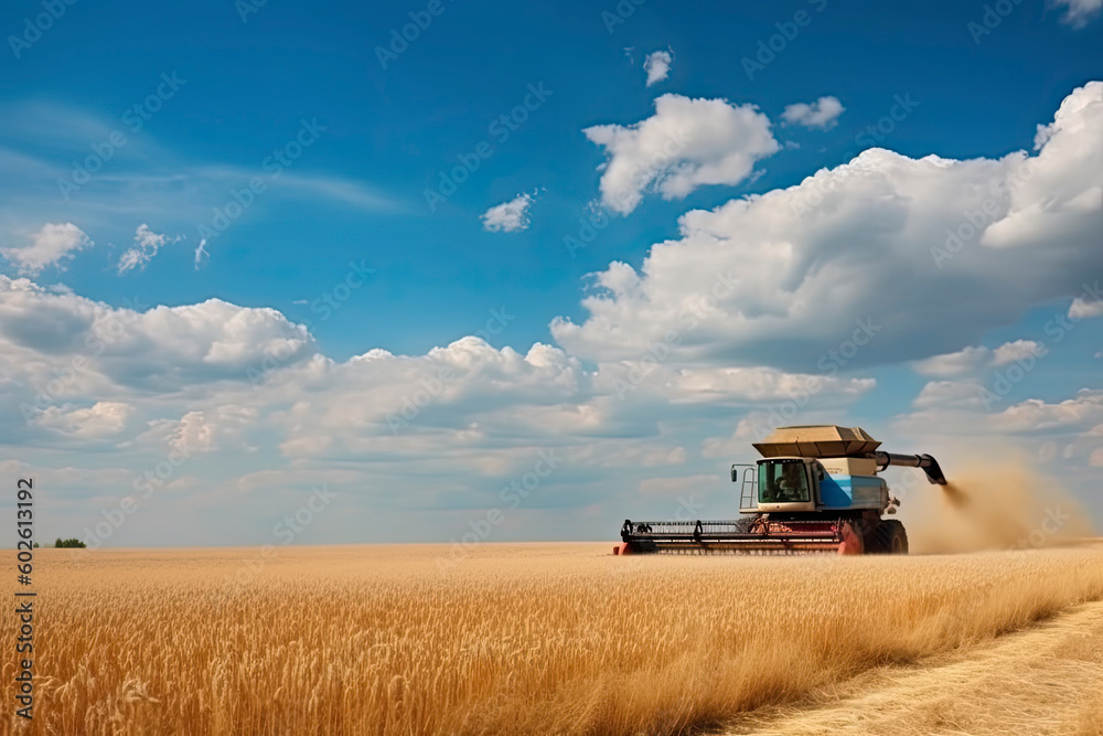 Obraz premium Against the backdrop of a sunny summer day and blue sky with clouds. Combine harvester harvesting
