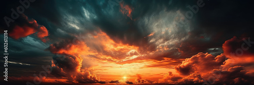 Panoramic Sunset Sky with Clouds Background: Ultra-Sharp Photography in Wide Angle. Captivating Nature's Canvas. AI Generative