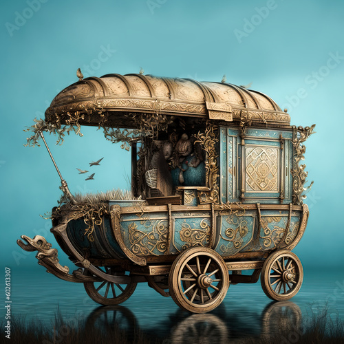 Generative AI: wooden carriage ormament with flowers photo