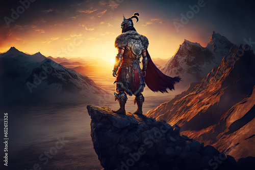 medieval asian armed male Kazakh warrior in traditional armor on top of mountain at sunset. Generative AI illustration