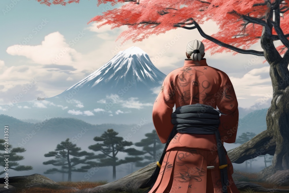 Fototapeta premium Samurai warrior from the back, martial art concept, digital illustration. Generative AI