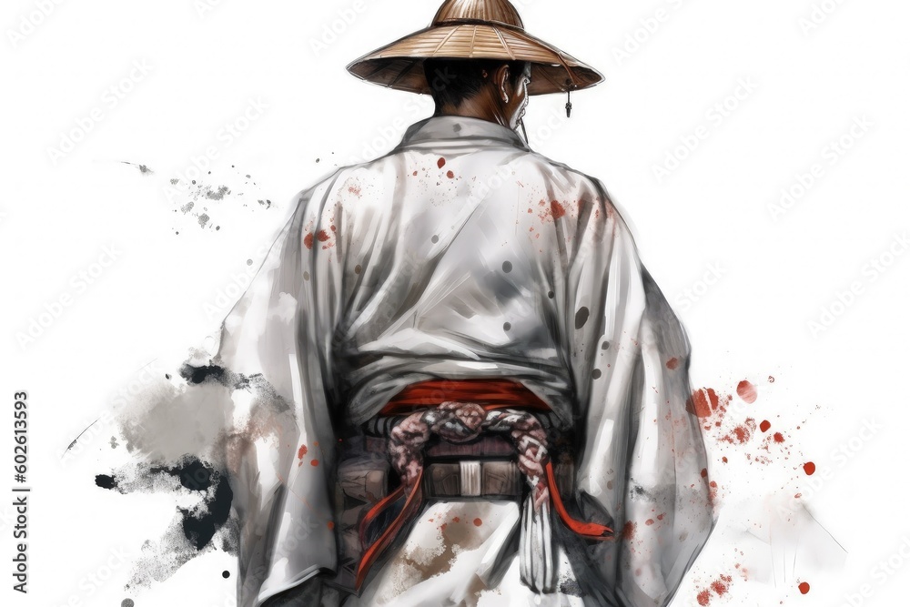 Fototapeta premium Samurai warrior from the back, martial art concept, digital illustration. Generative AI