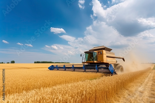 Against the backdrop of a sunny summer day and blue sky with clouds. Combine harvester harvesting