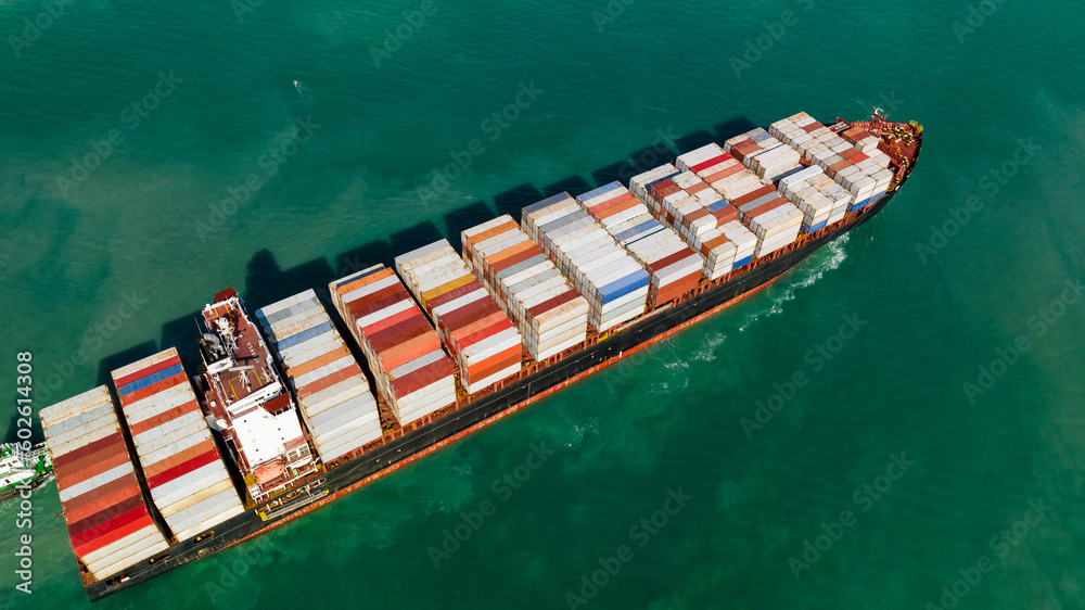 Fototapeta premium container ship business, logistic delivery service goods for import export international by sea, asia pacific , container ship transport, aerial view