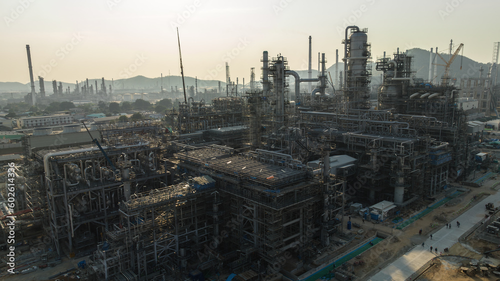 industrial plant construction project, crude oil and gas refinery new construction site large scale, aerial view,