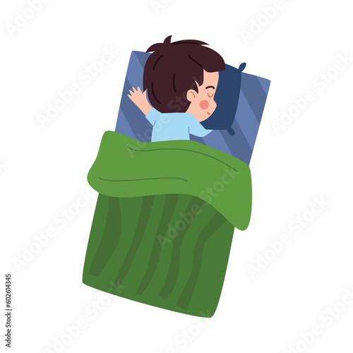 Top view of bed with child boy sleeping on his stomach, flat vector isolated.