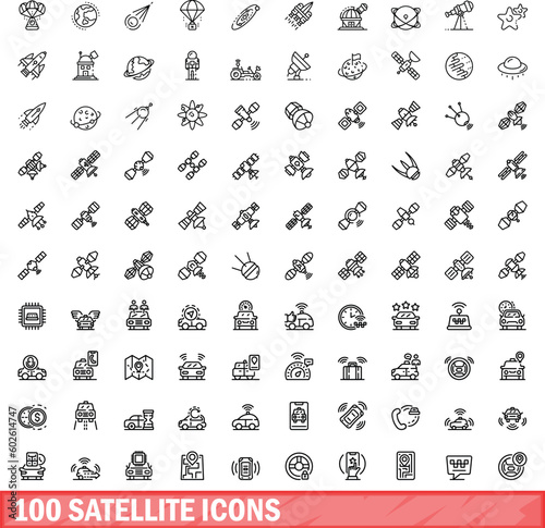 100 satellite icons set. Outline illustration of 100 satellite icons vector set isolated on white background