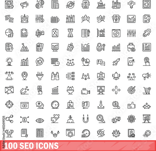 100 seo icons set. Outline illustration of 100 seo icons vector set isolated on white background