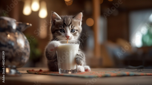 kitten drinks milk with a glass