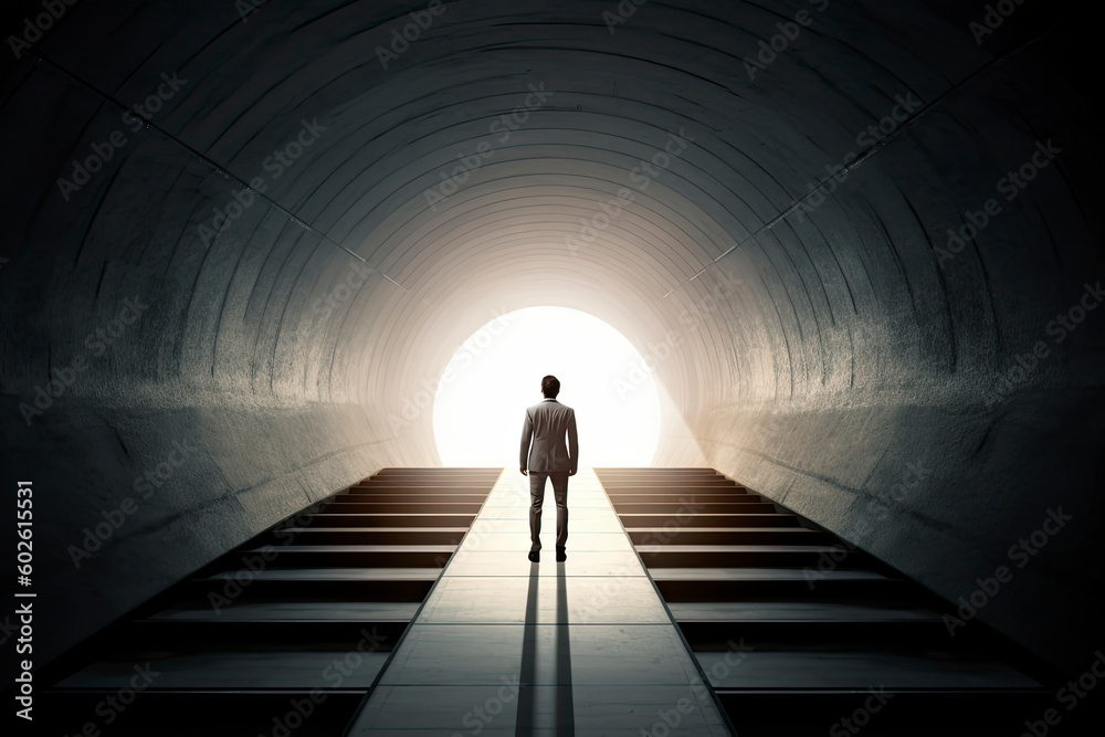 Business success and life in motion concept with man walking towards the light from wall hole in the middle of a huge dark hall with stairs
