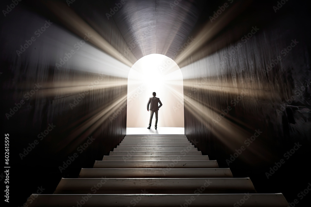 Business success and life in motion concept with man walking towards the light from wall hole in the middle of a huge dark hall with stairs
