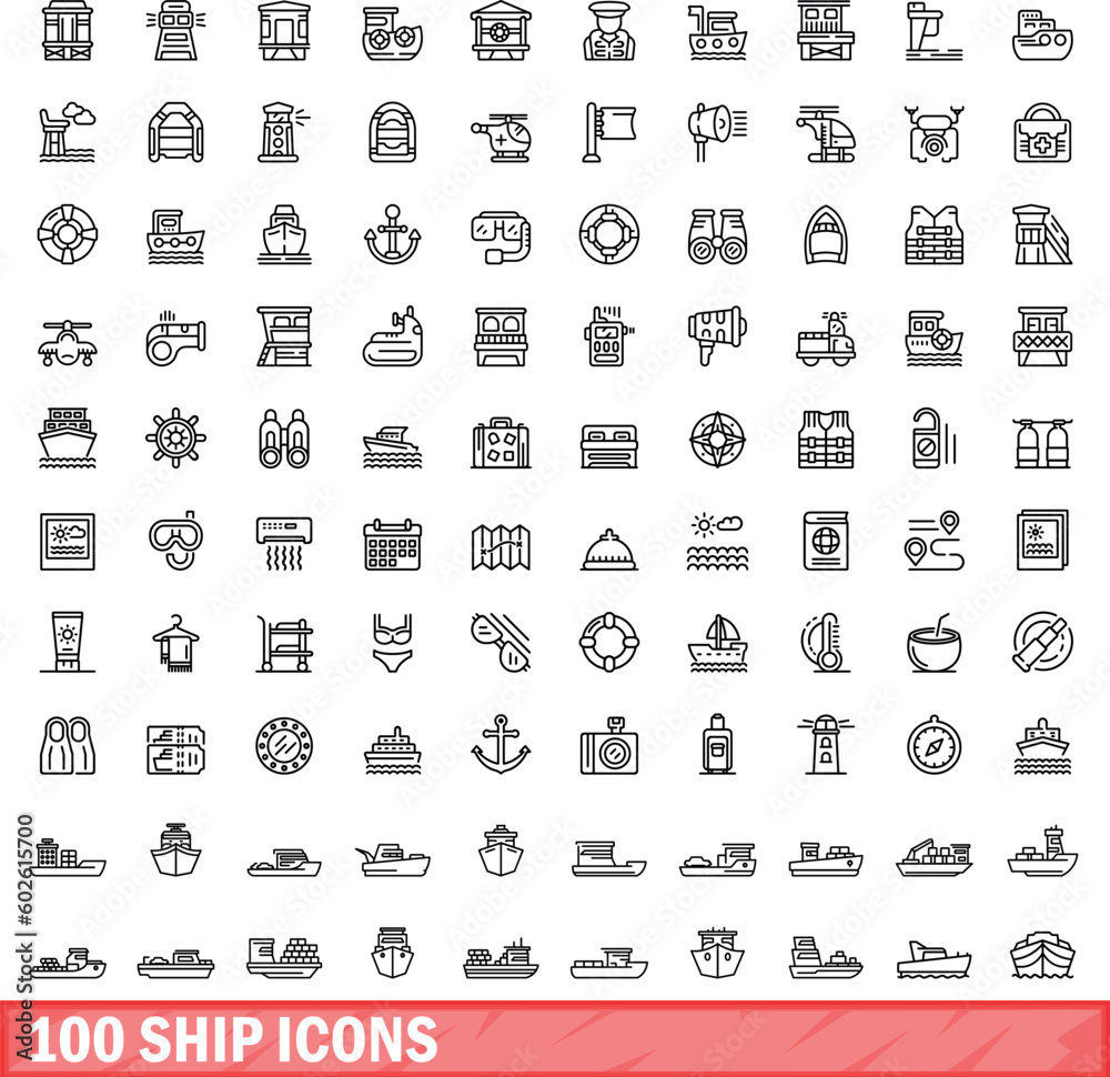 100 ship icons set. Outline illustration of 100 ship icons vector set isolated on white background 100 ship icons set. Outline illustration of 100 ship icons vector set isolated on white background