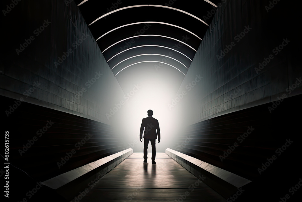 Business success and life in motion concept with man walking towards the light from wall hole in the middle of a huge dark hall with stairs Business success and life in motion concept with man walking towards the light from wall hole in the middle of a huge dark hall with stairs