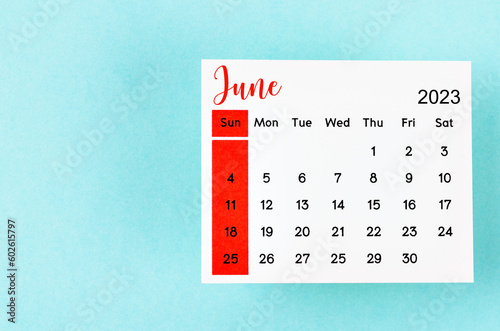 The June 2023 Monthly calendar for 2023 year on blue background.