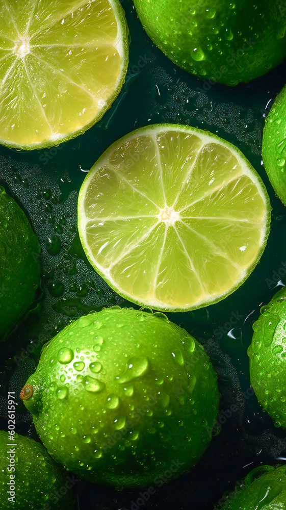 Fresh green limes with water drops on them. Created with Generative AI technology. Fresh green limes with water drops on them. Created with Generative AI technology.
