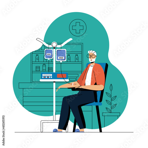 Illustration of aged man sitting under intravenous drip in hospital