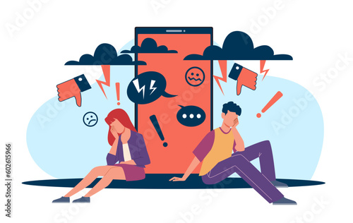 Depressed boyfriend and girlfriend victim of Internet bullying, cyberbullying, online violence. Girl and boy with huge smartphone. Hate in social media. Cartoon flat style vector concept