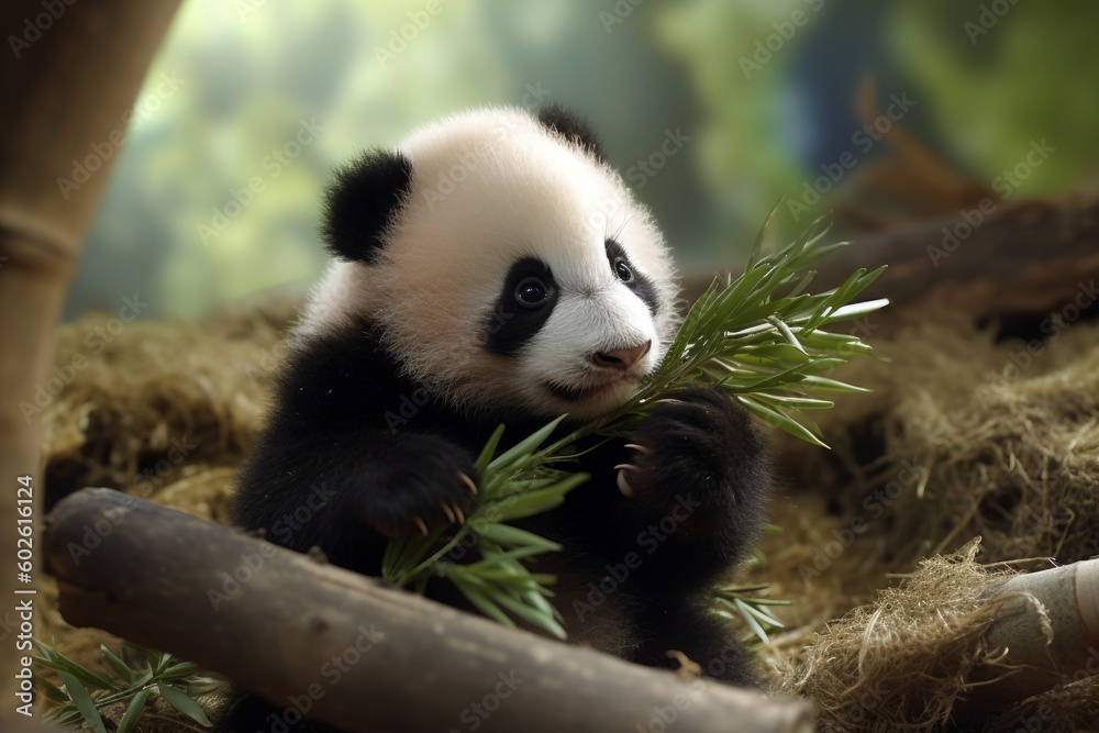 Fototapeta premium Curious baby panda playing with bamboo shoot