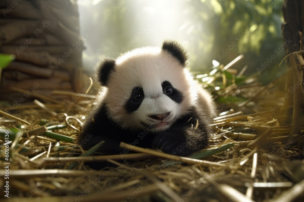 Fototapeta premium Curious baby panda playing with bamboo shoot