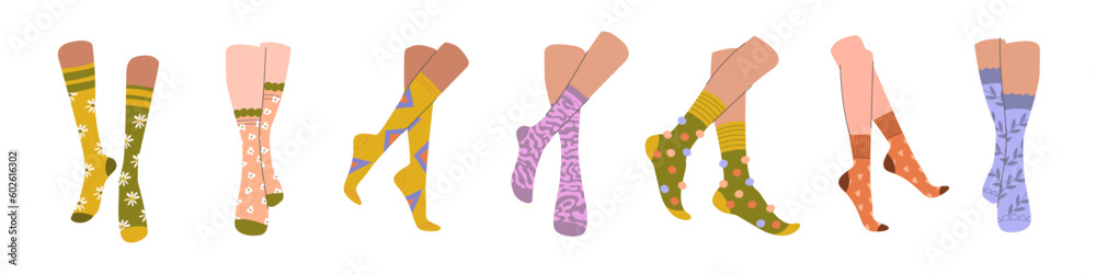 Legs and trendy socks. Variety of female and male cotton colorful long and short socks. Modern sock collection for special occasion. Hand drawn vector illustration for web banner, page header design. Legs and trendy socks. Variety of female and male cotton colorful long and short socks. Modern sock collection for special occasion. Hand drawn vector illustration for web banner, page header design.