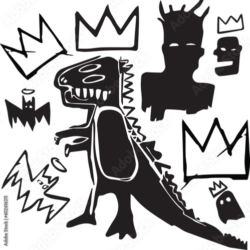 Fototapete Crown and dinosaur set illustration inspired by jean-Michel Basquiat Pez Dispenser art works