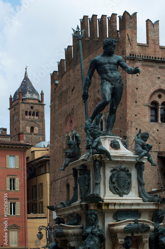 Fountain of Neptune in Piazza Neptune in Bologna. Sights of Italy
