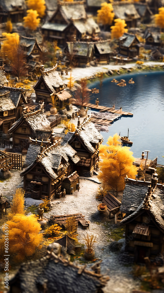 Fototapeta premium Miniature old traditional Nordic village with wooden houses. Created with Generative AI technology.