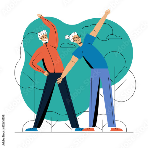 Illustration of positive old couple doing gymnastics and exercising outside in morning