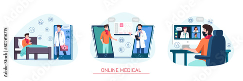 Vector set of online medical service include virtual visits, remote monitoring photo