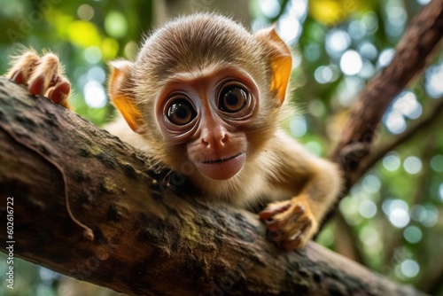 Playful baby monkey making a face at the camera