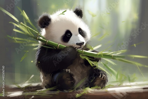 Curious baby panda playing with bamboo shoot