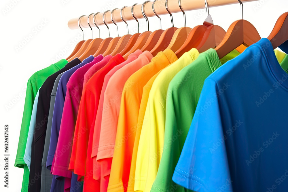 Colors of rainbow. Variety of casual clothes on wooden hangers, isolated on white Colors of rainbow. Variety of casual clothes on wooden hangers, isolated on white