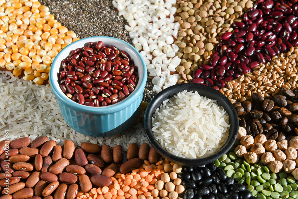 Bowl with raw white rices and beans on various seeds grain Bowl with raw white rices and beans on various seeds grain