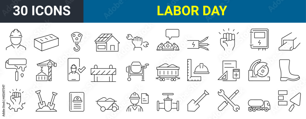 Set of 30 line icons related to labor day, construction, renovation. Outline icon collection. Vector illustration. Editable stroke. Set of 30 line icons related to labor day, construction, renovation. Outline icon collection. Vector illustration. Editable stroke.