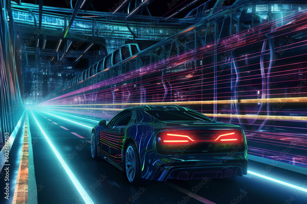 Futuristic car driving at night